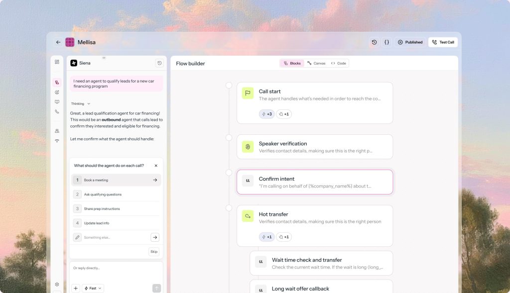 Visual editing canvas for building the call flow