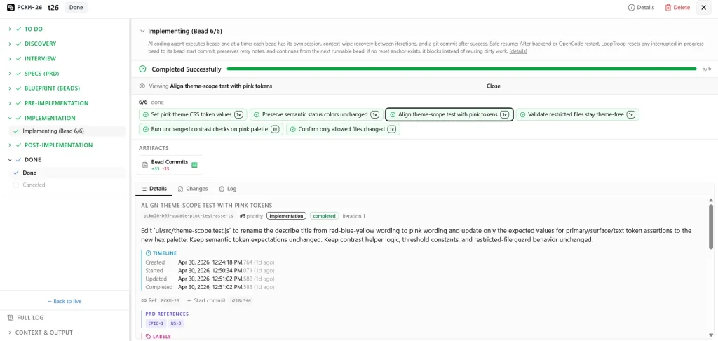 Implementation Review — approve, adjust, or regenerate bead changes before committing
