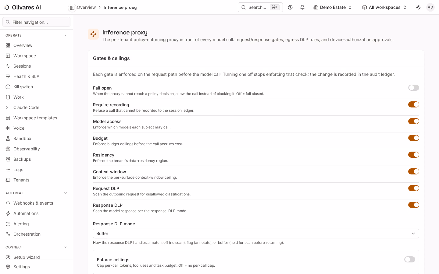 Inference proxy on the Demo Estate: nine deny-closed gates with per-gate toggles, a response DLP mode and spend ceilings — policy enforced inline on /v1/messages.