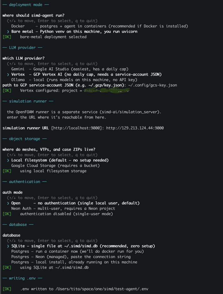 install.sh wizard — deployment mode, LLM provider, simulation runner, object storage, authentication, database, .env write, bare-metal setup