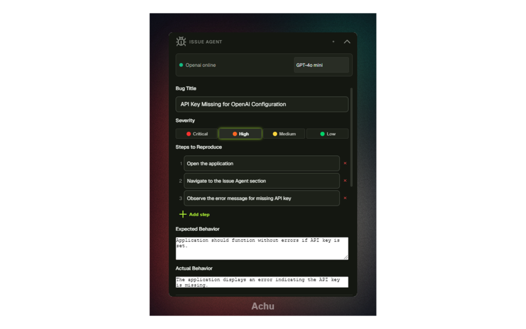 achu interface showing AI Bug & Issue Agent