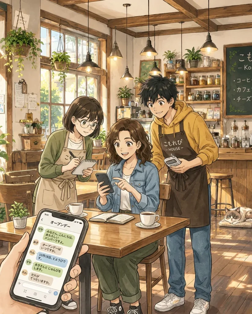 Illustration of Komorebi House café: Maya Torres and Aki Mori and Ren Nakamura. Maya adds the learner to the Open Day group chat.