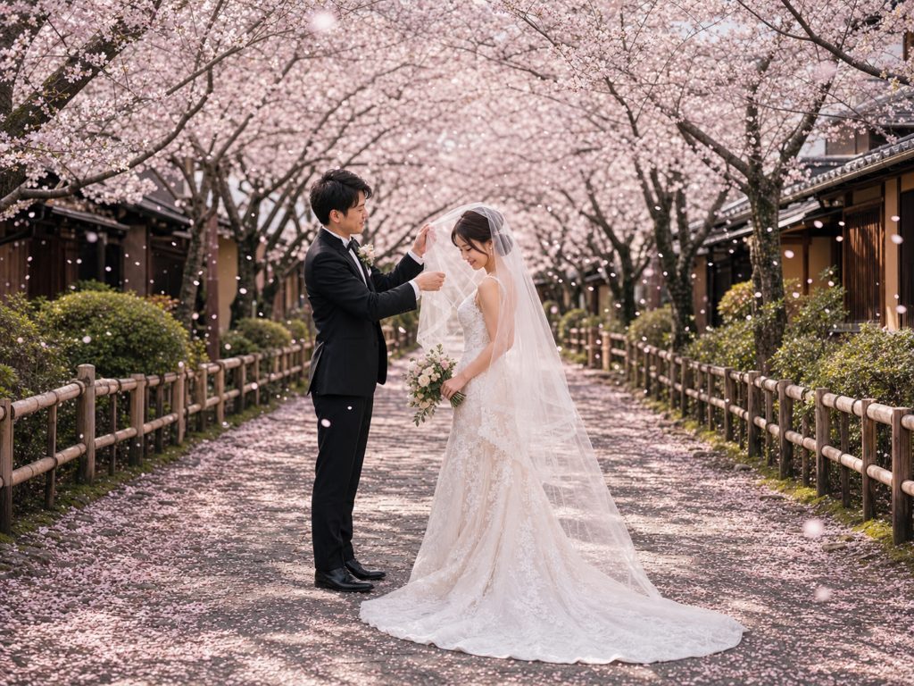 high-quality Kyoto cherry blossom AI wedding scene preview