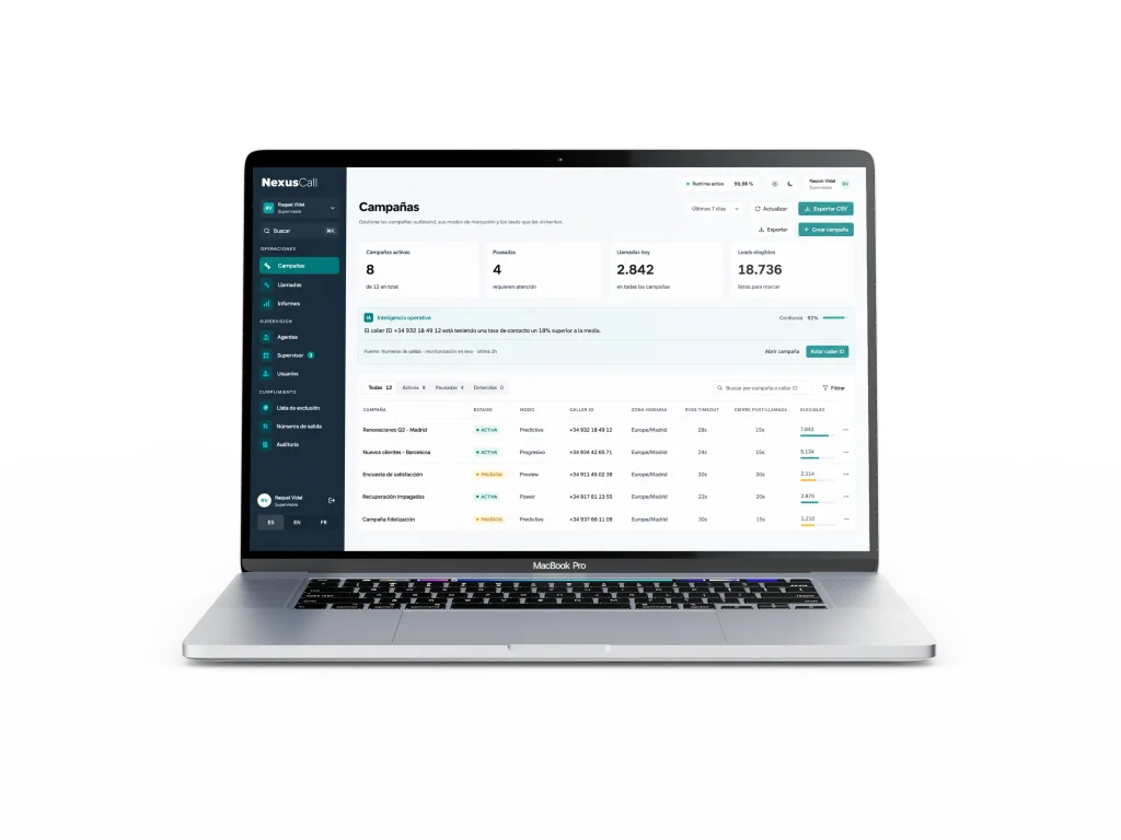 NexusCall showing the Campaigns view on a MacBook Pro