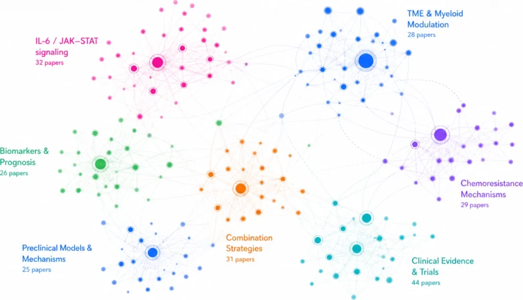 A literature landscape map with seven colour-coded research communities (IL-6/JAK-STAT signaling, TME and myeloid modulation, biomarkers and prognosis, combination strategies, chemoresistance mechanisms, preclinical models, and clinical evidence and trials), each shown as a cluster of connected paper nodes.