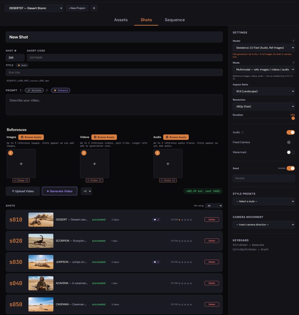 The Birdwalk main interface for generating and managing shots