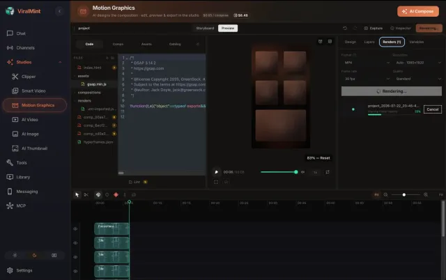 ViralMint Motion Graphics studio (embedded HeyGen HyperFrames engine) — a code editor shows the AI-authored index.html composition, the 9:16 preview renders kinetic typography ('start up earlier, succeed earlier') with animated stat cards, and a keyframed timeline with Blob and Grid tracks sits below. Rendered locally, exported to MP4.