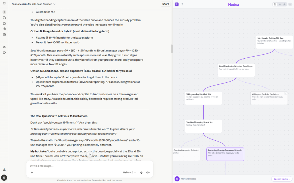 The Nodea Tree for Claude extension docked beside a claude.ai conversation, drawing it as a branching tree of nodes.
