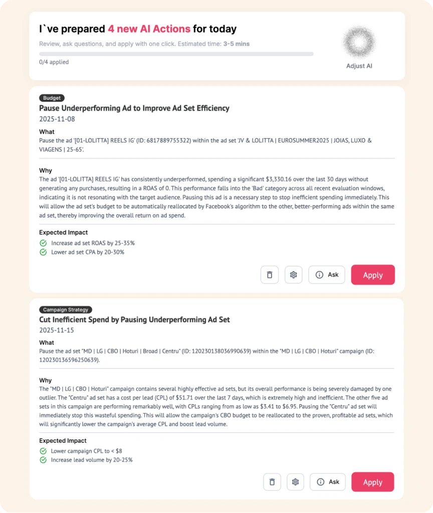 AdAmigo AI Actions dashboard showing recommendations to pause underperforming ad sets and improve campaign efficiency