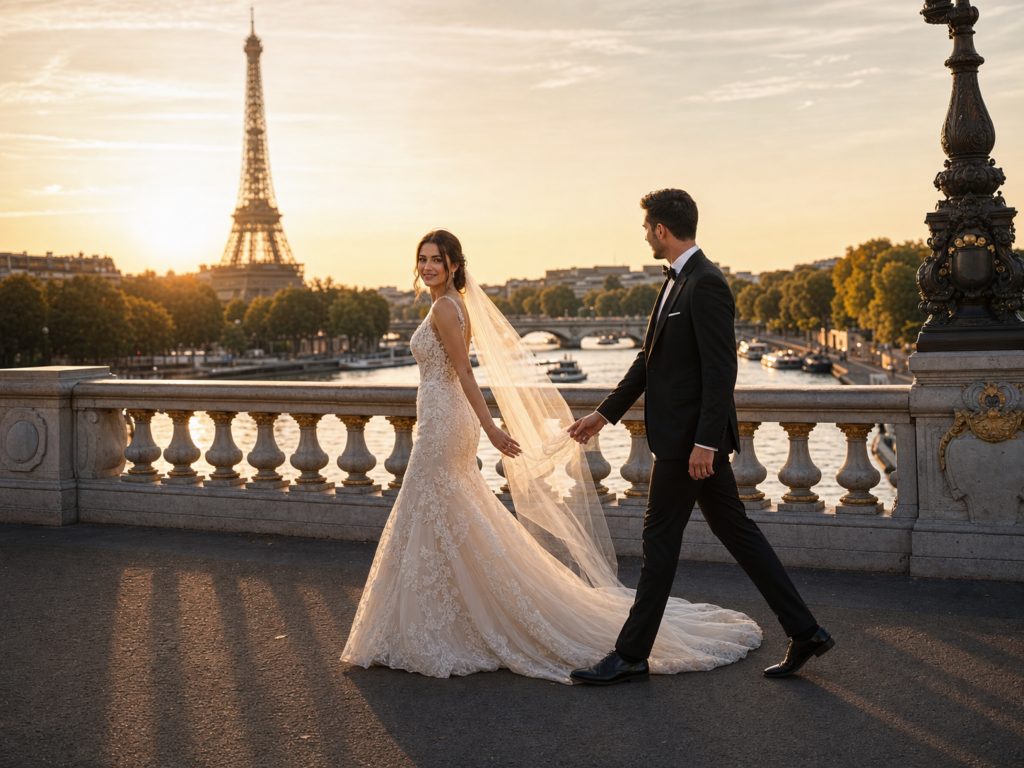 high-quality Paris sunset AI wedding scene preview