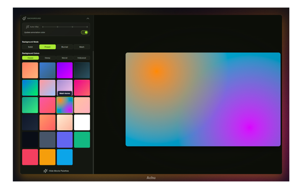 achu interface showing Canvas Beautification & Presets
