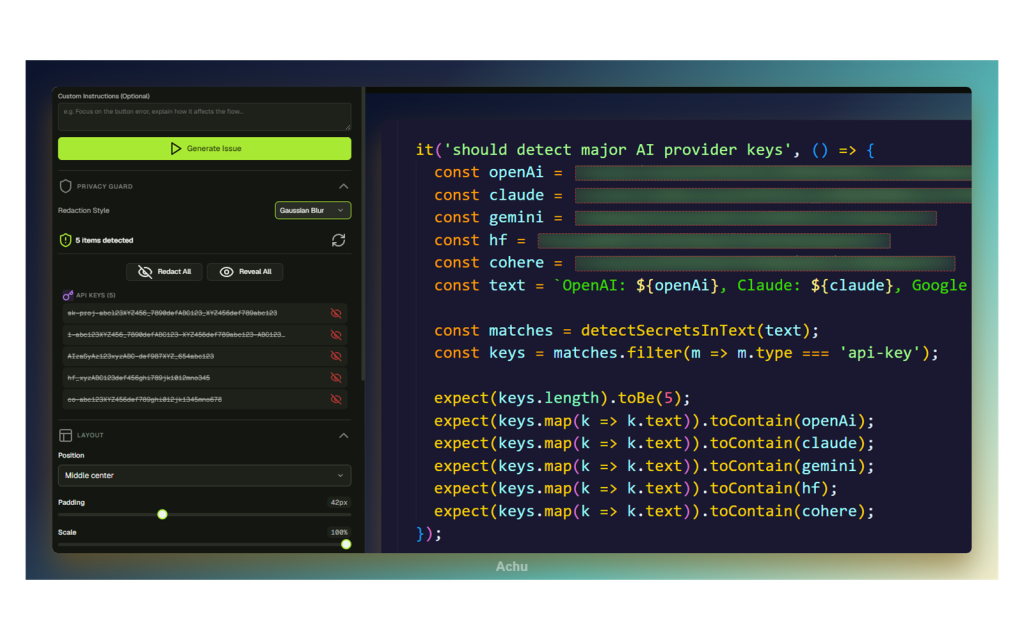 achu interface showing Privacy Guard & Redaction