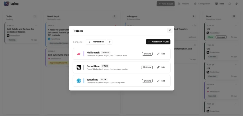 Projects Dialog — manage attached repositories, review ticket counts, and register new local git repos