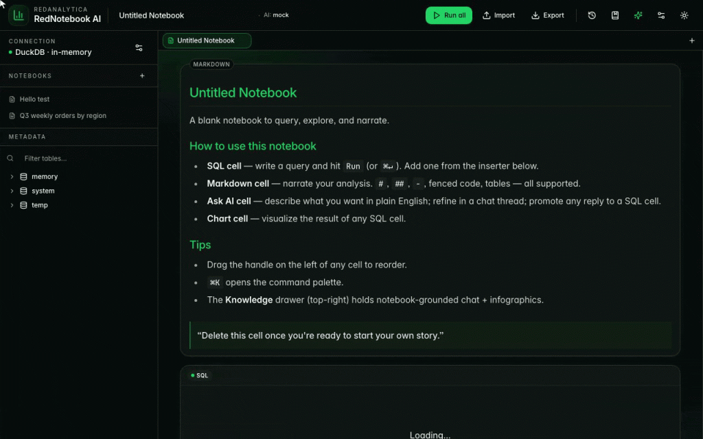 10-second demo: open the Q3 demo notebook, run SQL against DuckDB, inspect per-column histograms in the Profile tab, then summarize the result with AI.