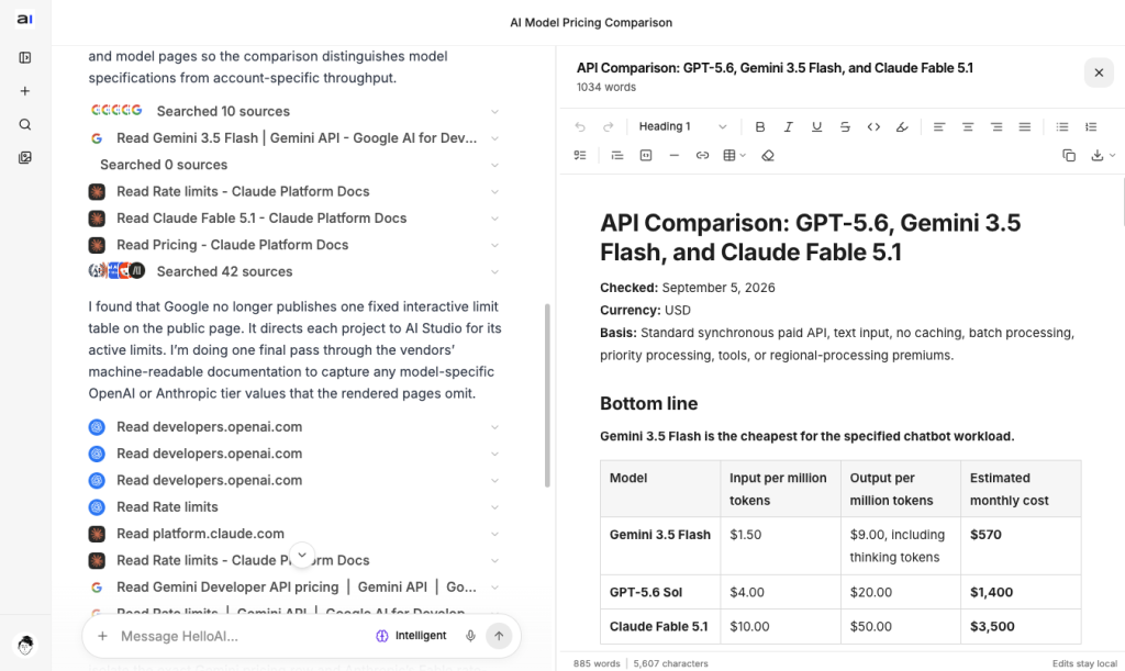 A research chat listing its sources next to a generated pricing comparison document