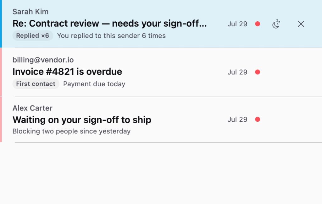 Mail rows showing sender, subject and why each landed in its tier