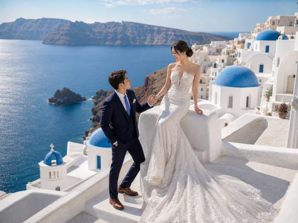 high-quality Santorini cliff AI wedding scene preview