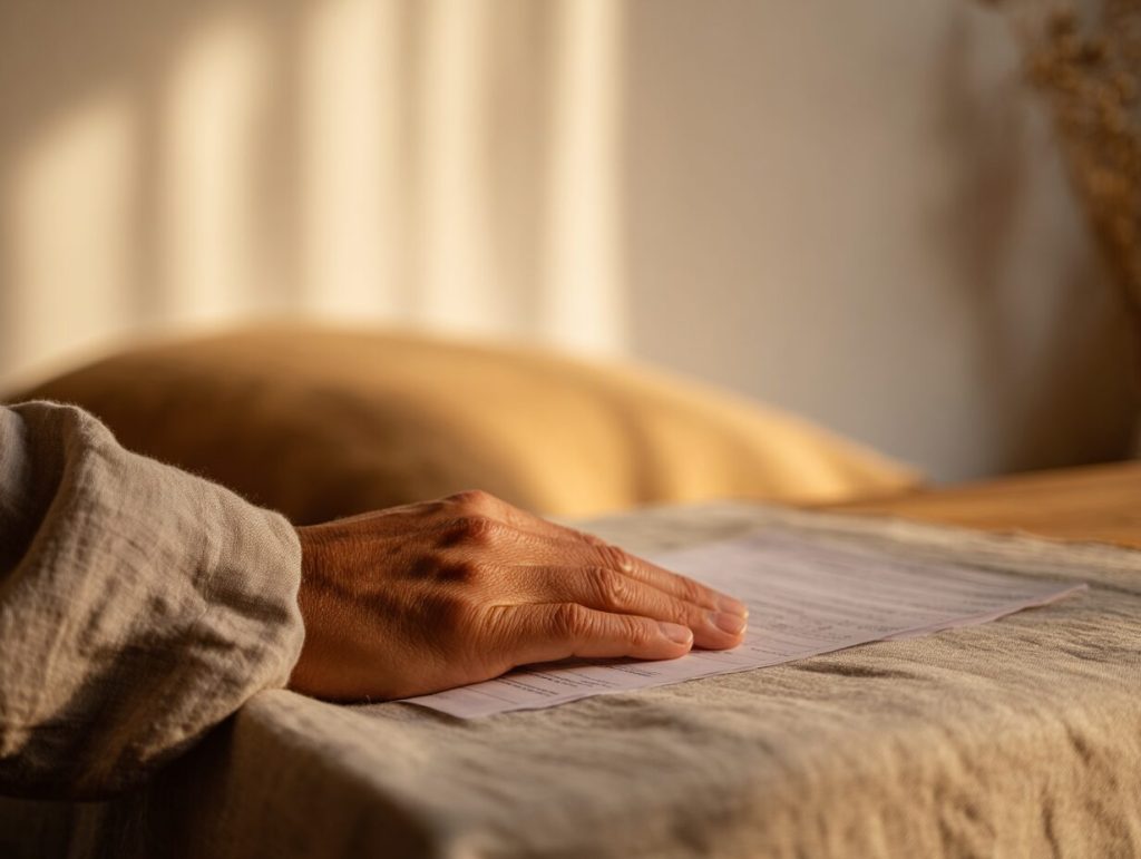 A hand resting quietly on an unopened manila envelope on a kitchen table in late afternoon light.
