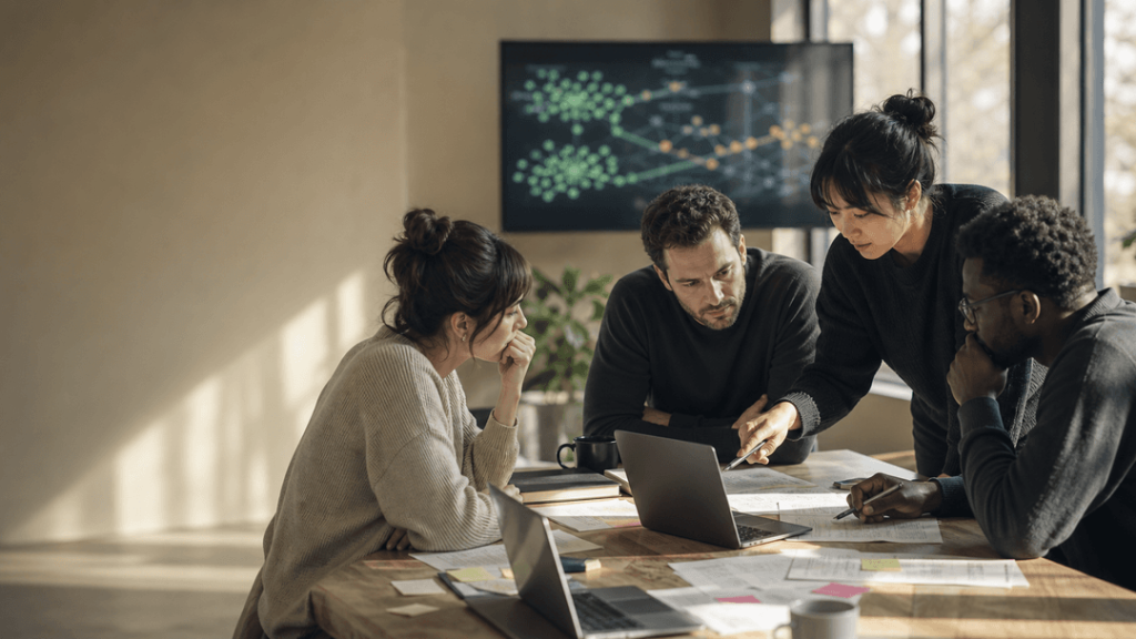 AI agent team reviewing scattered conversation evidence and intent patterns