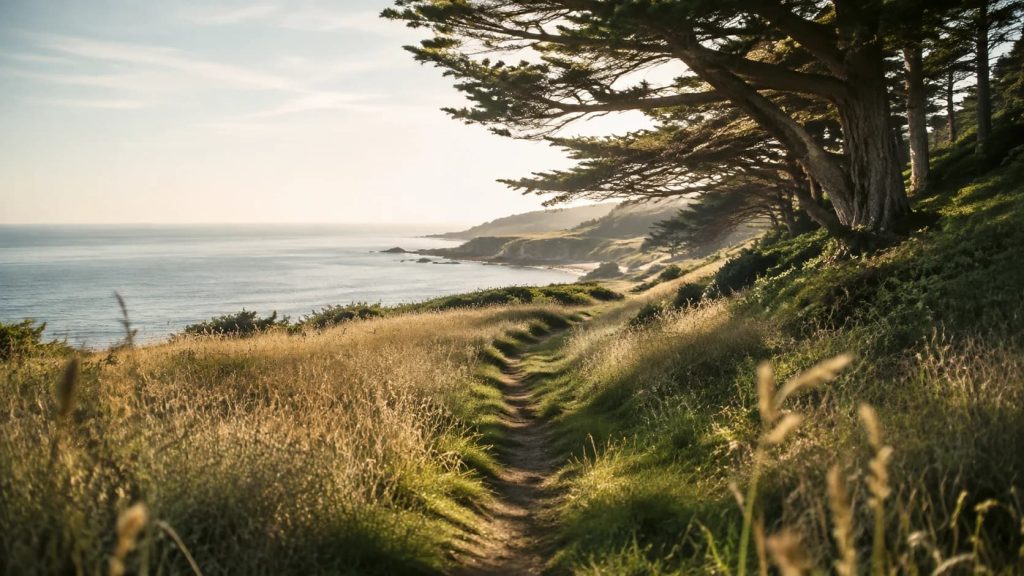 A quiet path through golden coastal grasses, beneath wind-shaped trees, toward a calm ocean horizon.