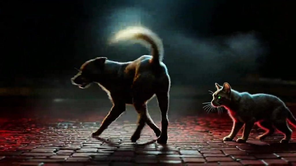 FUR AND CIRCUITS, a scored Vivijure film, two characters on a red-lit cobblestone street, click to play the MP4