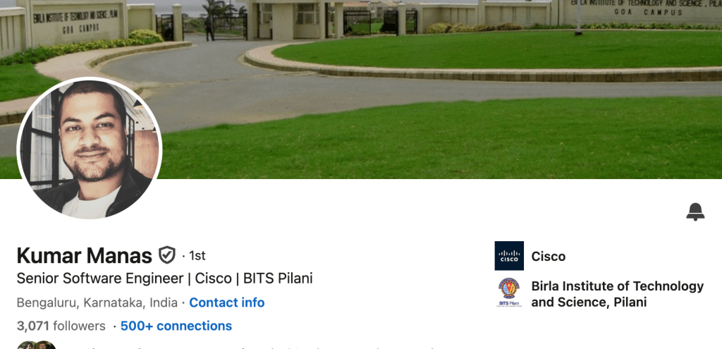 LinkedIn profile for Kumar Manas