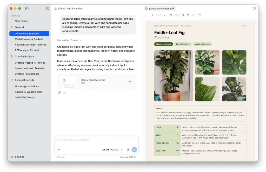 LM Studio Bionic creating an office plant research PDF