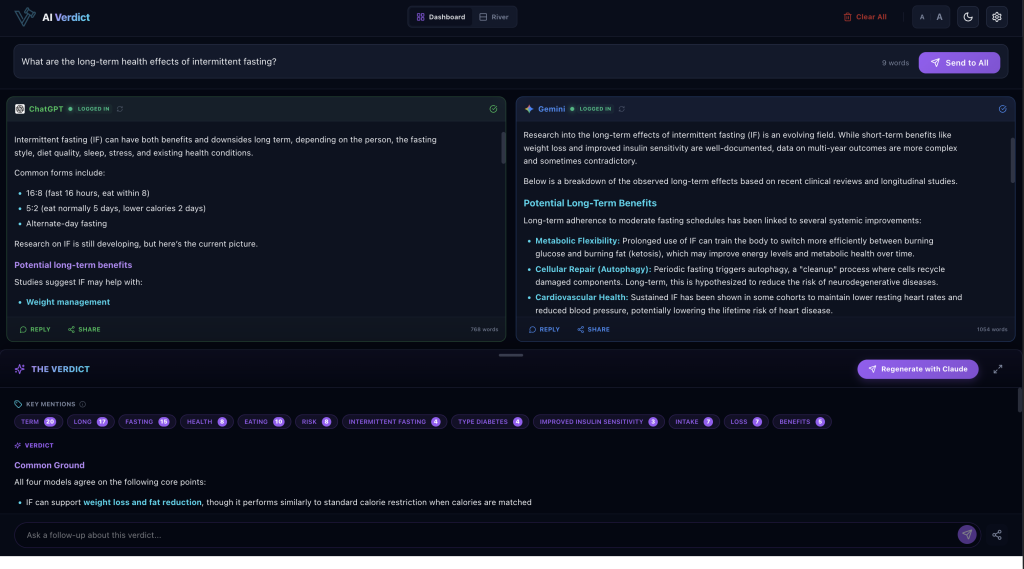 AI Verdict showing two AI panels side by side with The Verdict Engine below