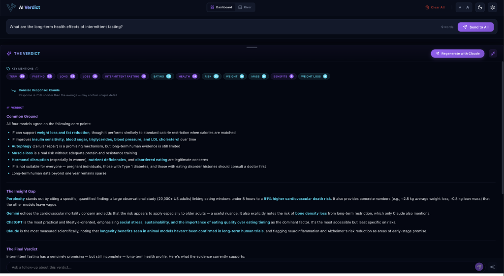 The Verdict Engine showing Key Mentions, Common Ground, Insight Gap, and Final Verdict