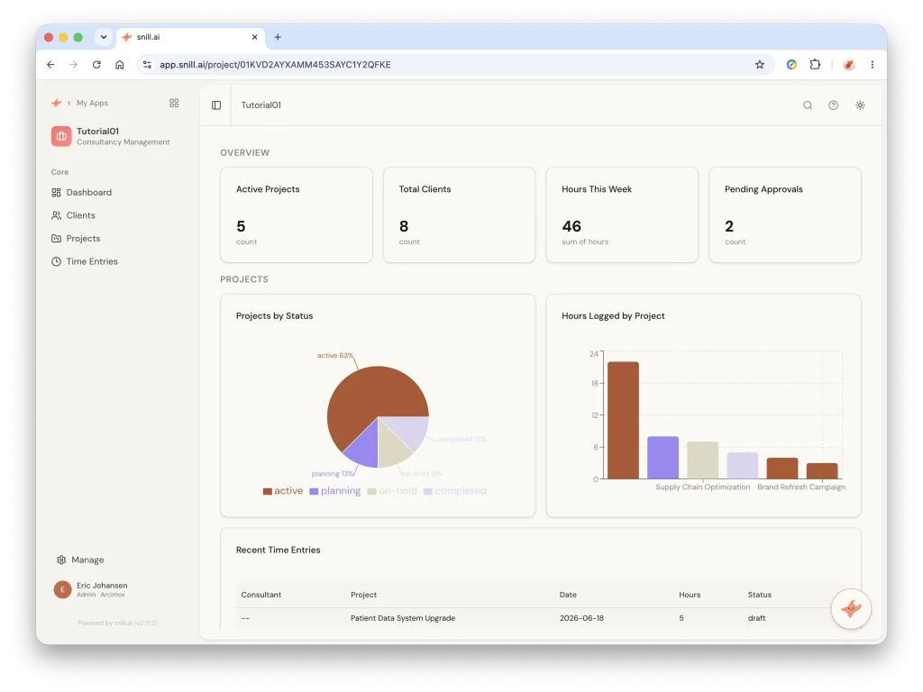 A dashboard Snill built during a real session — stat cards, a projects-by-status pie, and an hours-by-project bar chart
