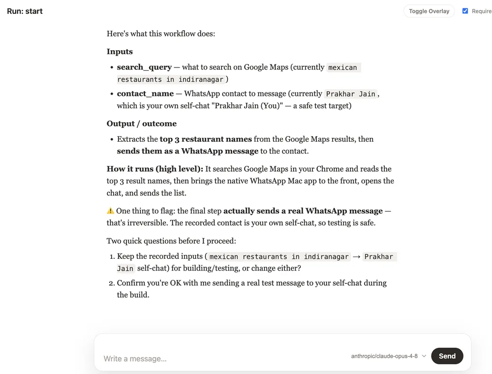 AI Mime skill build chat confirming workflow inputs and outcome