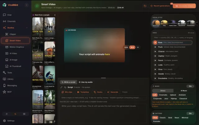 ViralMint Smart Video composer showing the sample-project strip, a 9:16 live-preview panel, a Write-a-script / Use-my-audio input toggle, the visual-style picker (Cinematic, Vlog, Quote card, Educational, Documentary), 13 Gemini voices plus 400+ Edge TTS voices and a music library with genre presets.