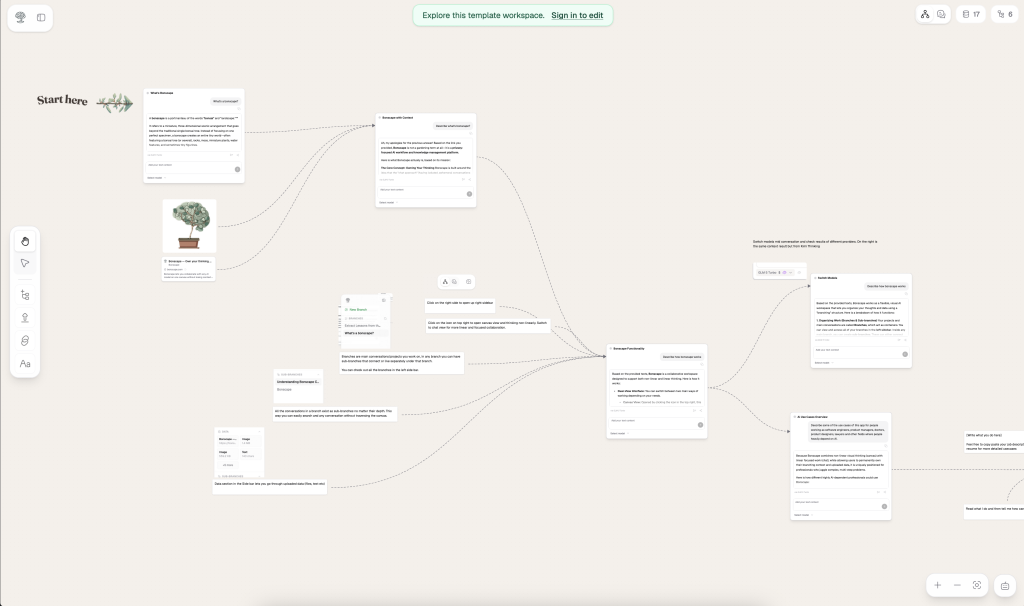 Bonscape whiteboard with connected AI chat nodes