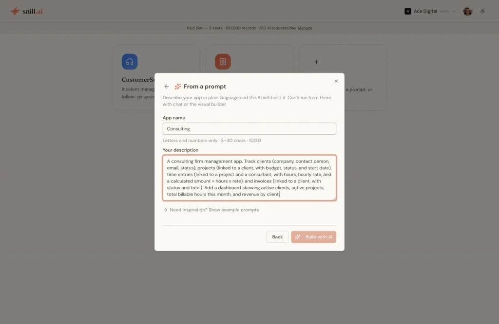 Snill app builder showing a natural language prompt describing a consulting business app