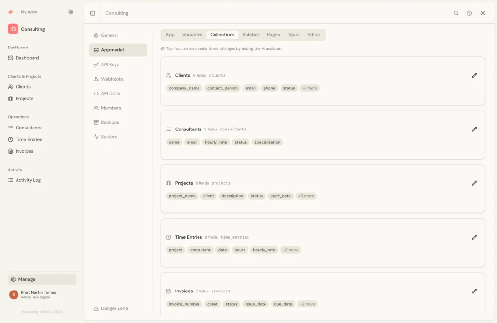 Data model editor showing collections, fields, and the relationships between them
