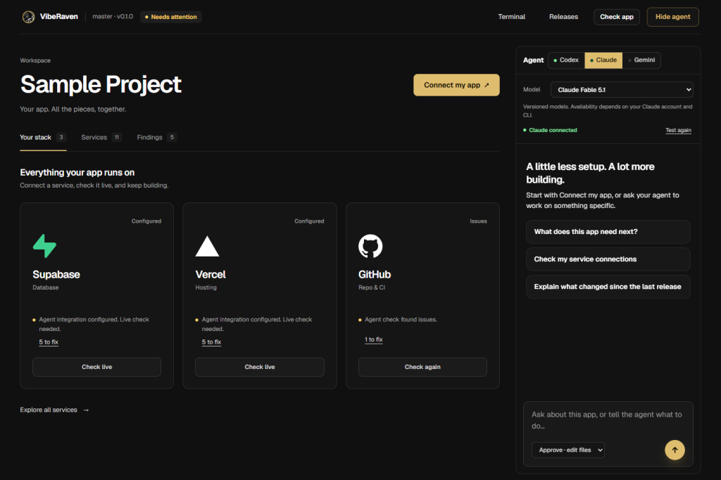 VibeRaven Studio open on a sample project: provider cards for the services the app uses, with the Your stack, Services and Findings views.