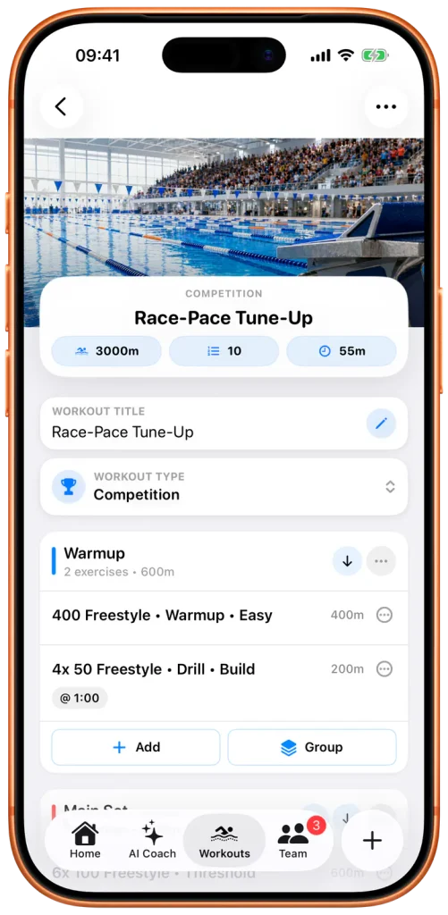 Structured workout builder in Swimio on iPhone