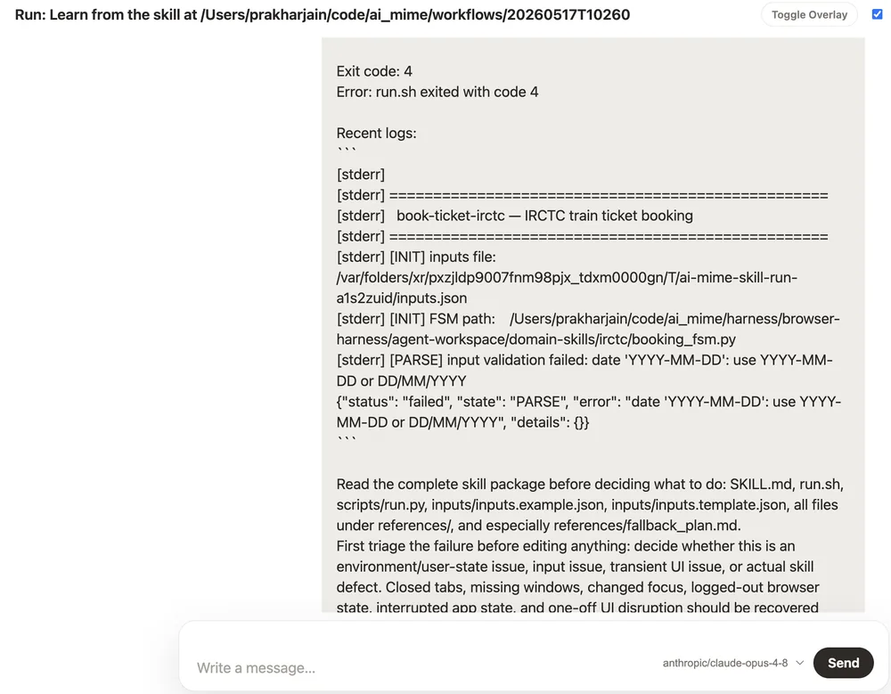 Autohealing screen showing failed run logs and agent recovery instructions