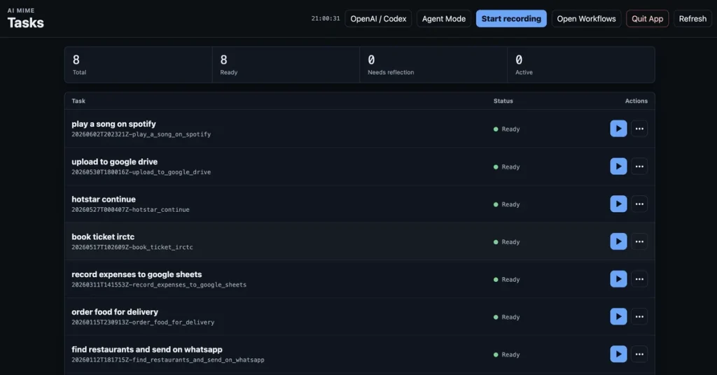 AI Mime tasks dashboard with ready workflows and a start recording button