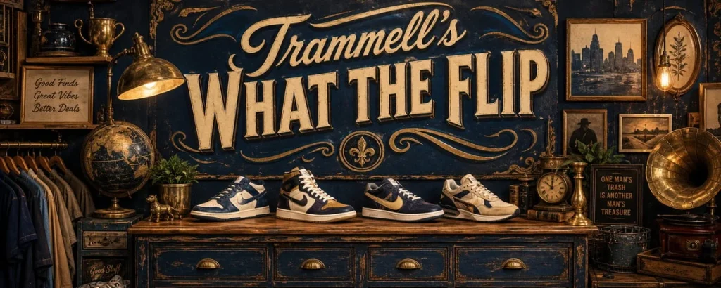 Trammell's What The Flip storefront banner with sneakers displayed on a vintage dresser