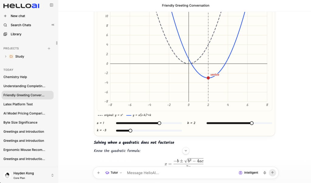 Tutor mode showing an interactive parabola with sliders for a, h and k