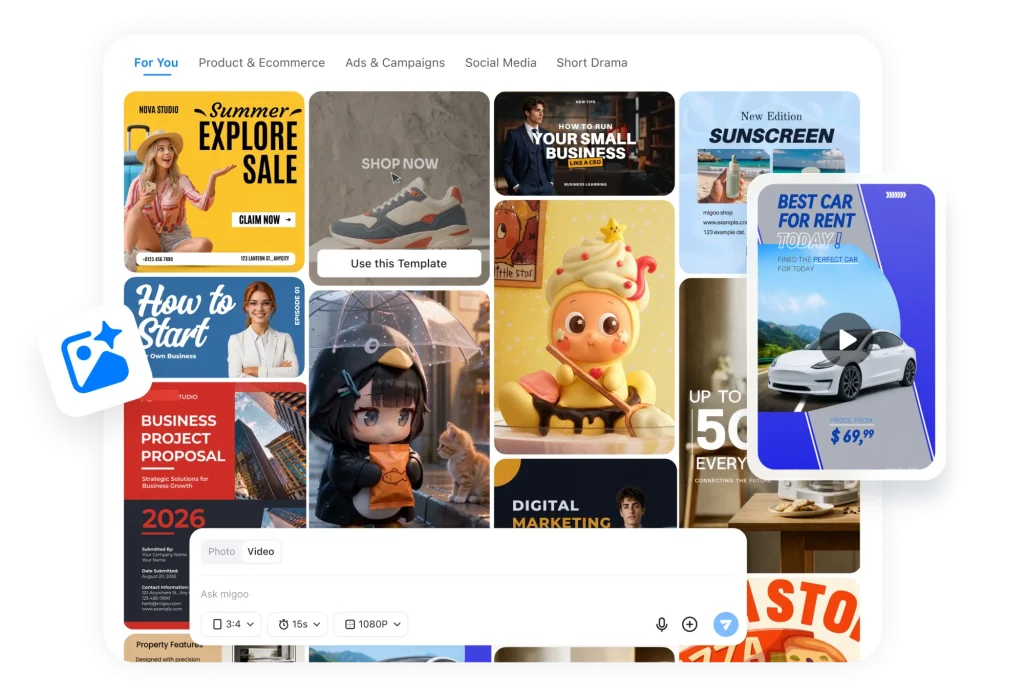 Migoo video template gallery with a generated ad preview