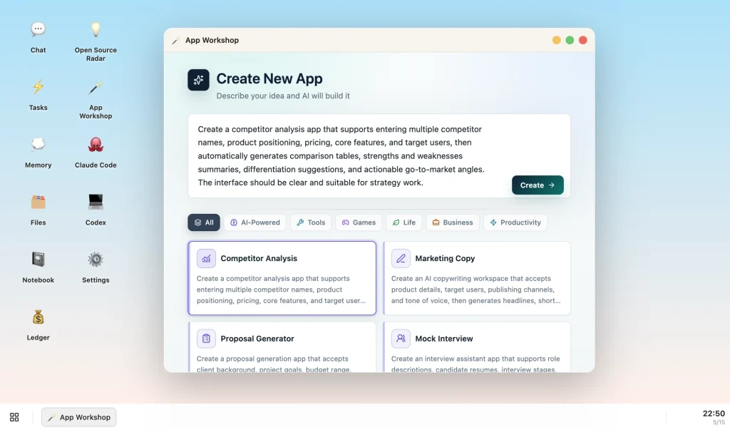 App Workshop — describe an app, AI builds it