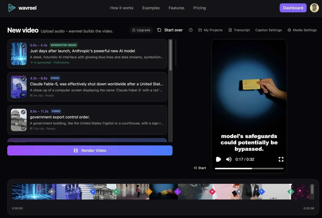 wavreel editor — scenes, timeline, and video preview