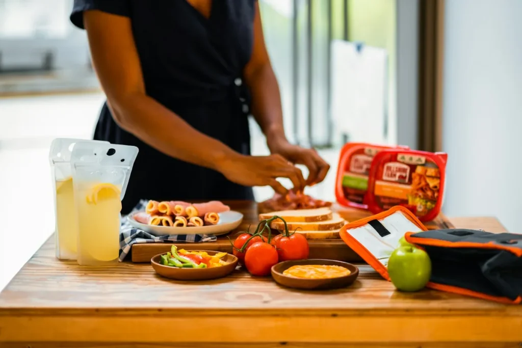 A person standing beside a generous spread of food on a kitchen table