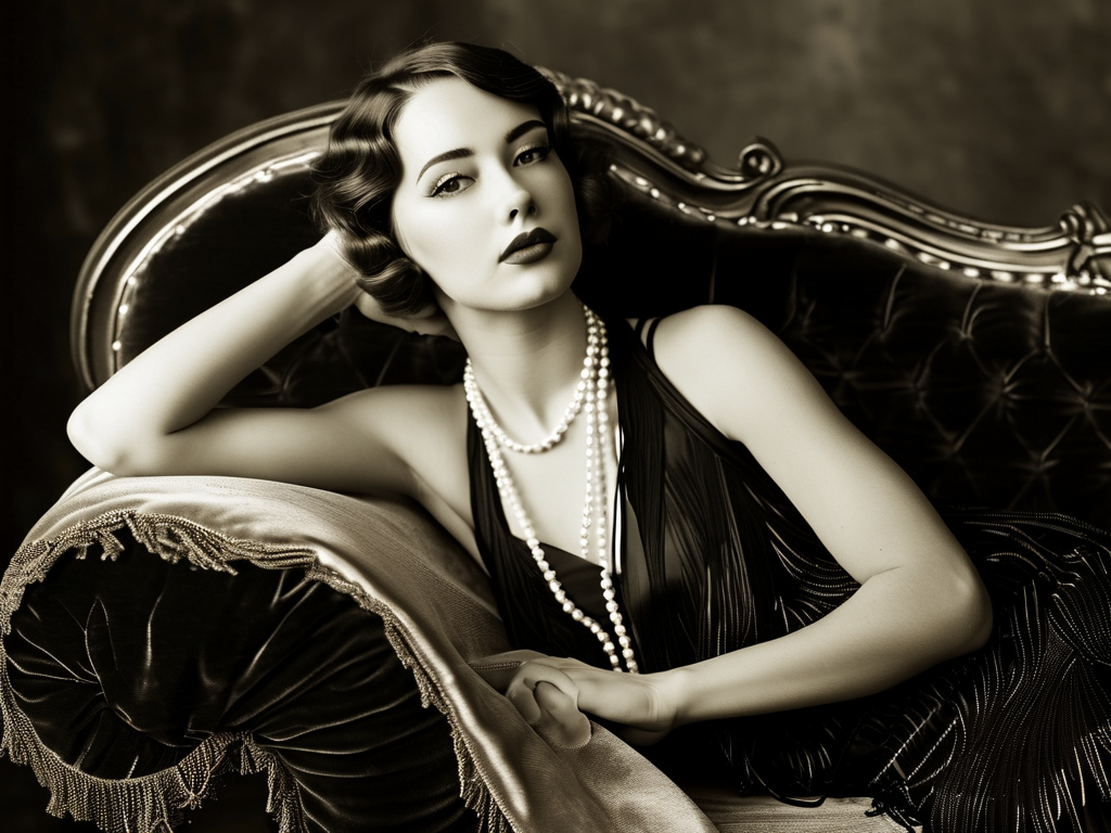 Black and white photo, vintage studio photography, a fashionable woman reclining on a velvet chaise lounge, wearing a fringed dress, adorned with pearl necklace, showcasing the effortless elegance of a 1920s modern woman