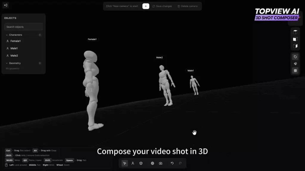 Topview 3D Shot Composer staging characters, props, and virtual camera angles for AI video