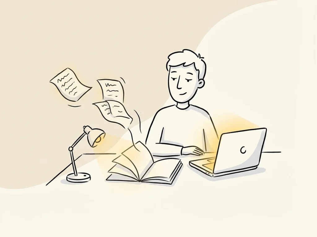 Booklet AI chat interface alongside an illustrated A4 page preview