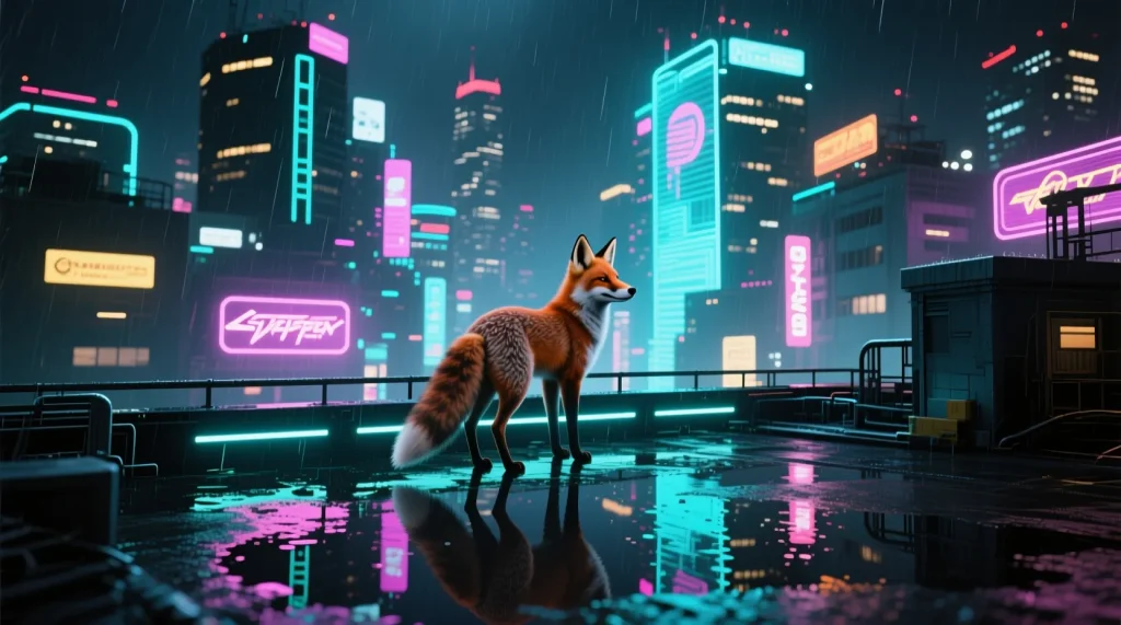 A cyberpunk fox standing on a neon-lit rooftop overlooking a rainy Tokyo cityscape at night, holographic signs reflecting in puddles, Realistic style