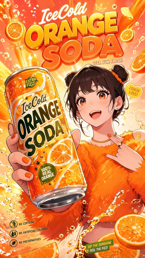 Cute anime-style orange soda advertisement poster